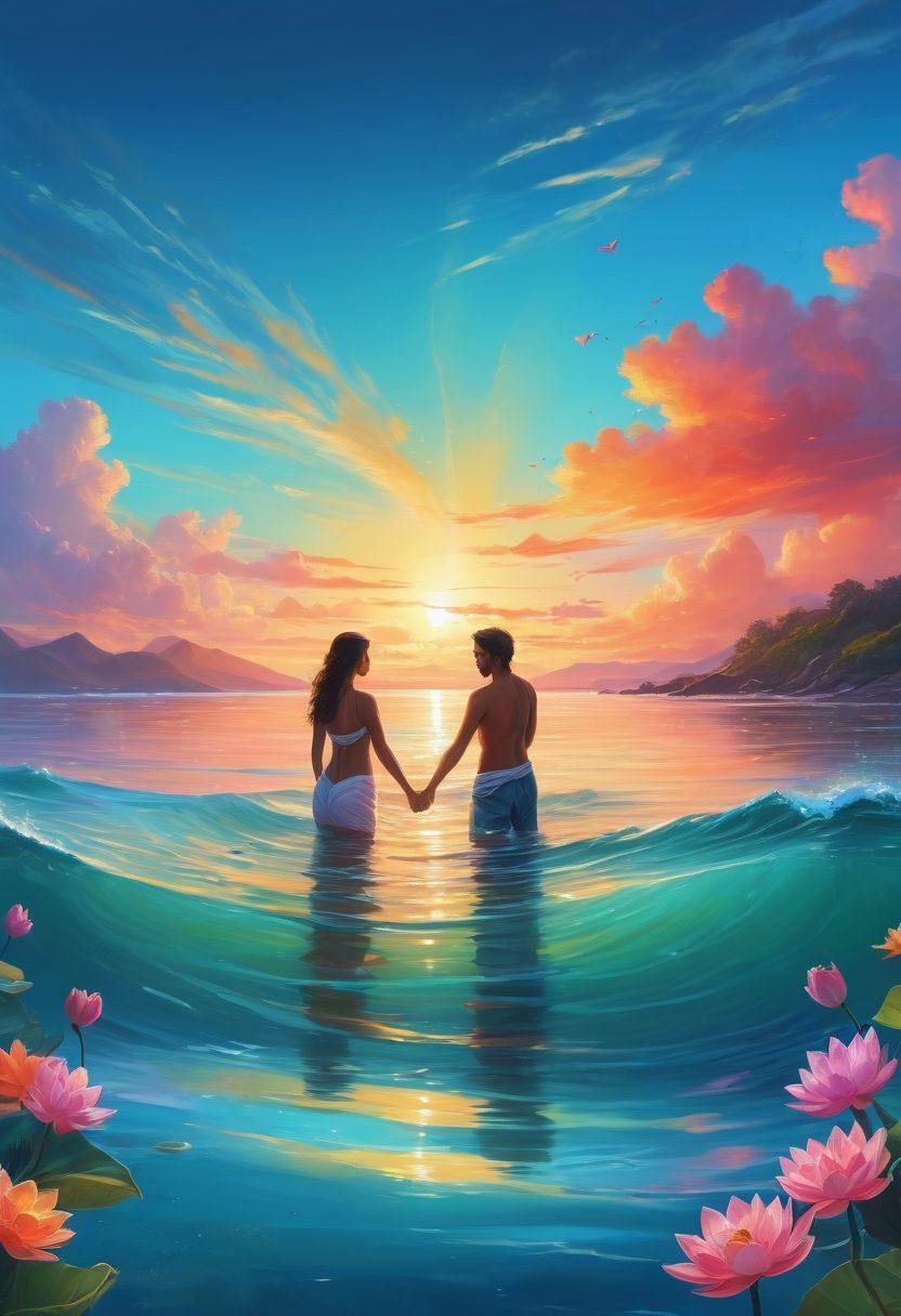 A serene ocean scene with gently rolling waves, depicting a diverse group of people embracing each other and celebrating love in different forms. Vibrant tropical colors reflect a sense of warmth and positivity, while symbols of sexual wellness and positivity — like hearts, lotus flowers, and peace signs — are playfully integrated into the water. The sky is bright and inviting, suggesting an open, accepting atmosphere. super-realistic. vibrant colors. tranquil background.
