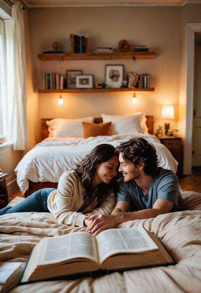 A warm, inviting space featuring a cozy bedroom with soft, muted colors and an array of meaningful intimacy symbols like intertwined hands, open books about relationships, and gentle lighting. In the background, a diverse group of people are engaging in conversations, sharing laughter, and displaying affection, representing a vibrant community. The overall atmosphere exudes a sense of safety, openness, and positivity around intimacy. super-realistic. soft colors. warm lighting.