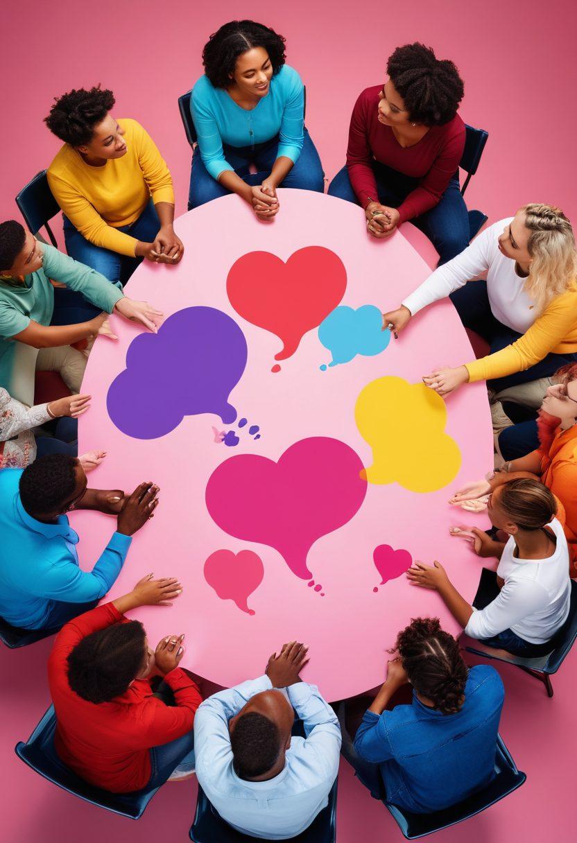 Illustrate a diverse group of people sitting in a circle, engaged in an open discussion, with colorful thought bubbles above their heads representing various sexualities and personal stories. Include warm lighting to create an inviting atmosphere, with symbols of community like hearts and hands joining together in the background. Capture a sense of inclusivity and openness. super-realistic. vibrant colors. soft focus.